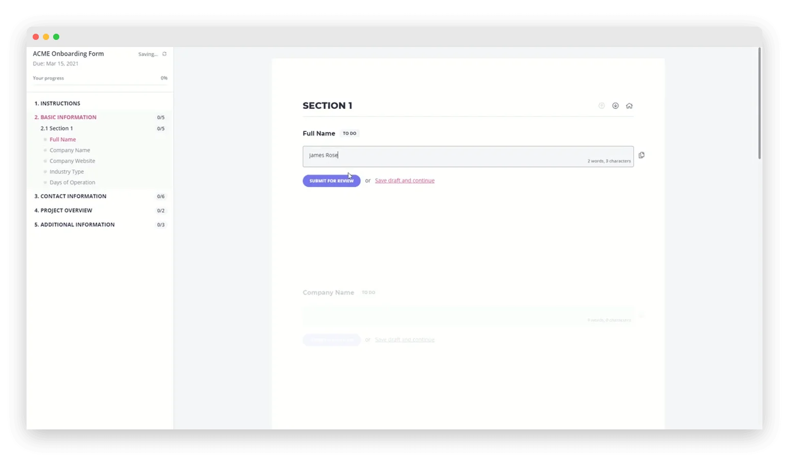 Content Snare client form showing individual field cards with separate 'Submit for Review' buttons per field, a sidebar with numbered sections, and 0% progress — a document-by-document submission experience