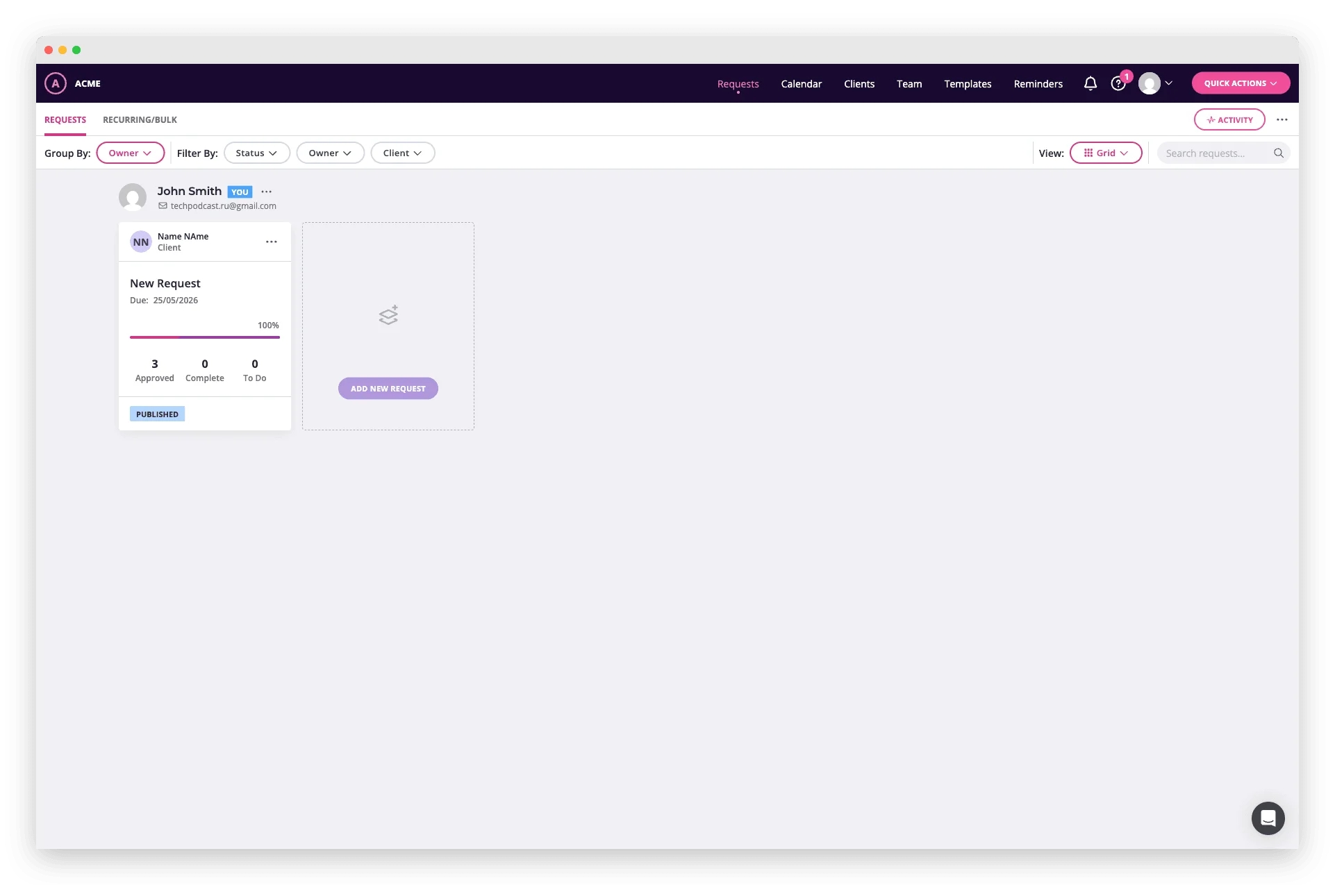 Content Snare requests dashboard showing a single client card with basic status counts — no activity feed, no onboarding progress, no unified client view
