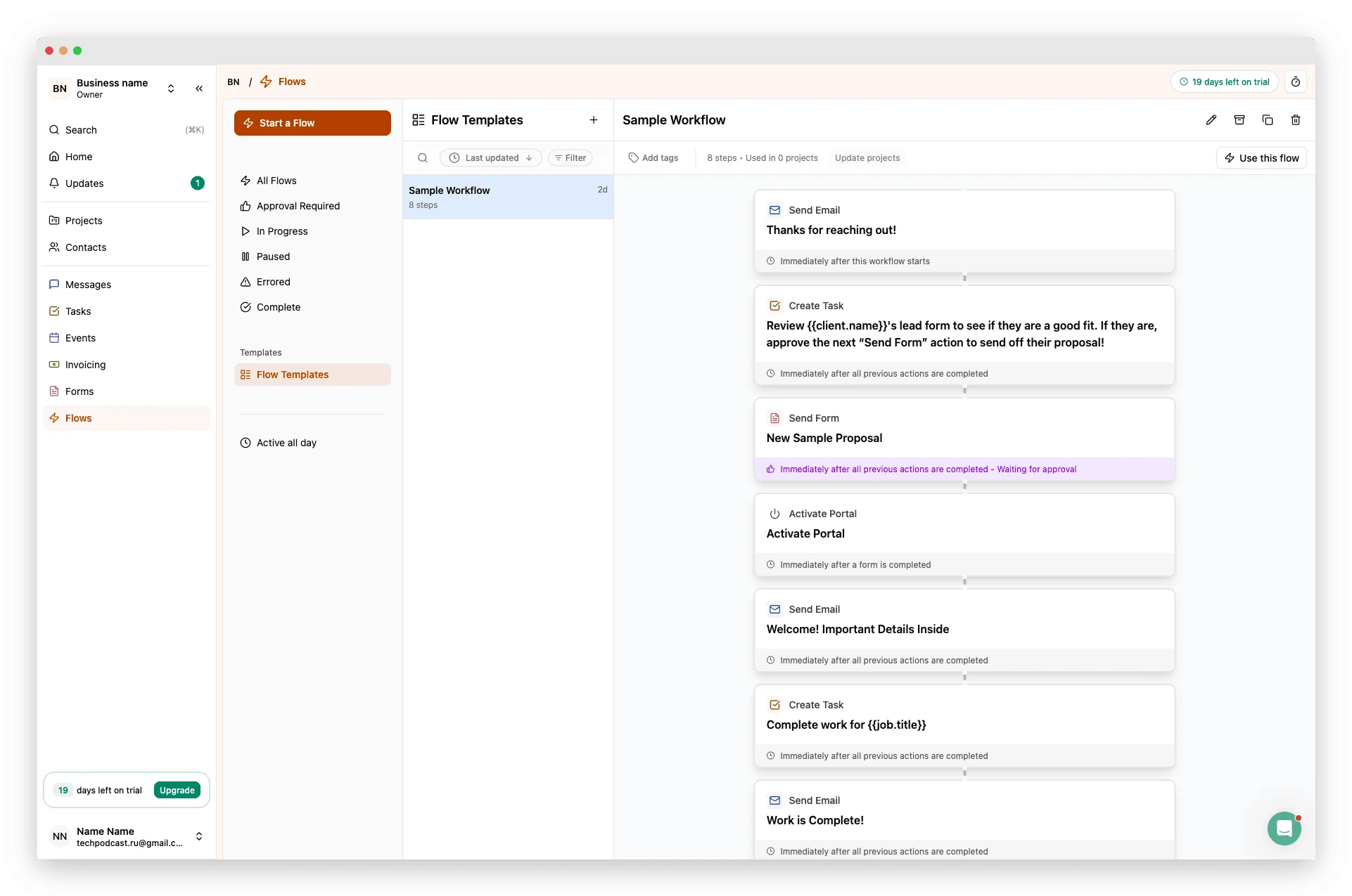 Dubsado 3.0 Flows showing a linear 8-step Sample Workflow with sequential email, form, and task actions — no conditional branching, no parallel paths
