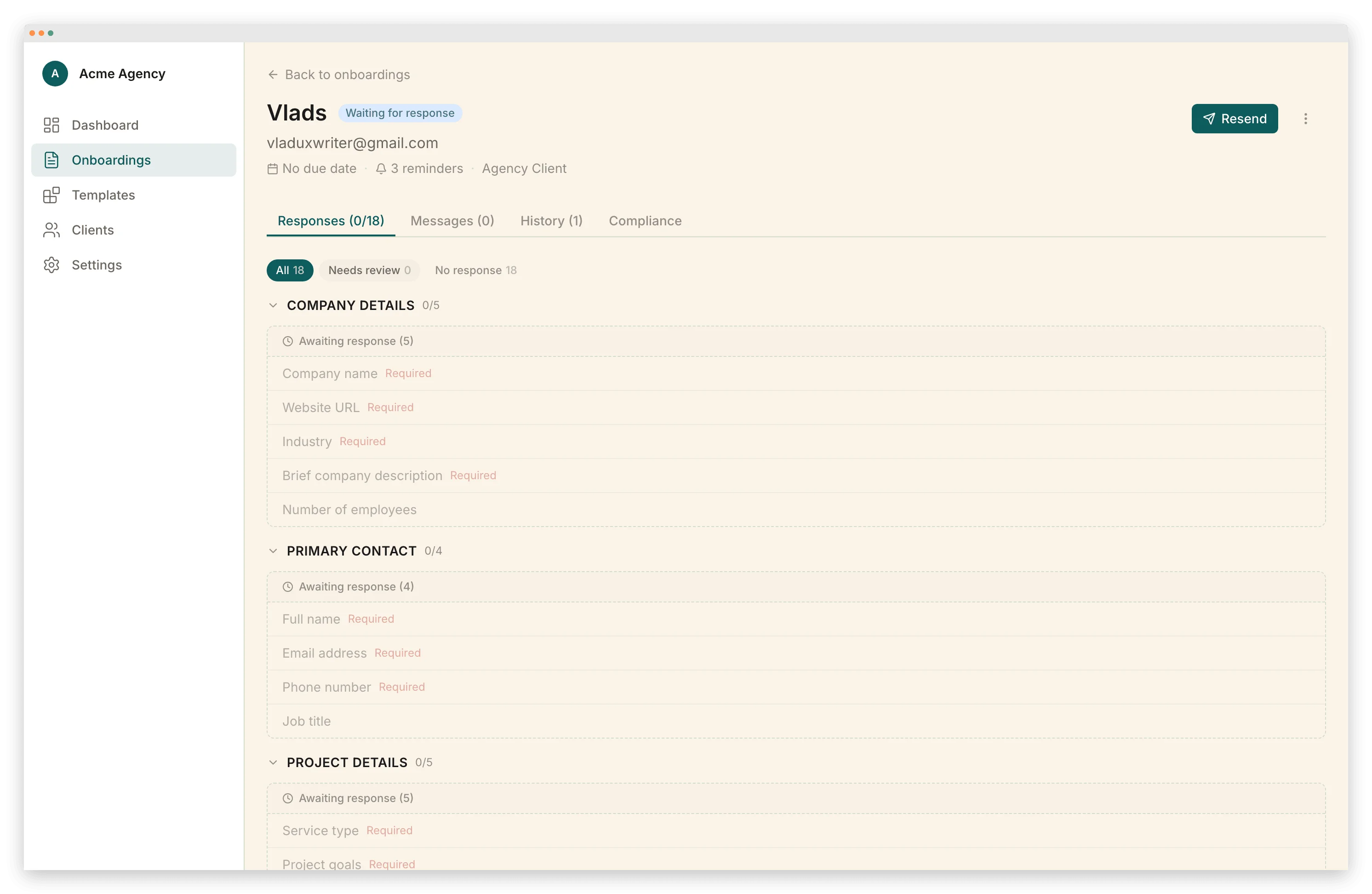 Dashboard showing document status