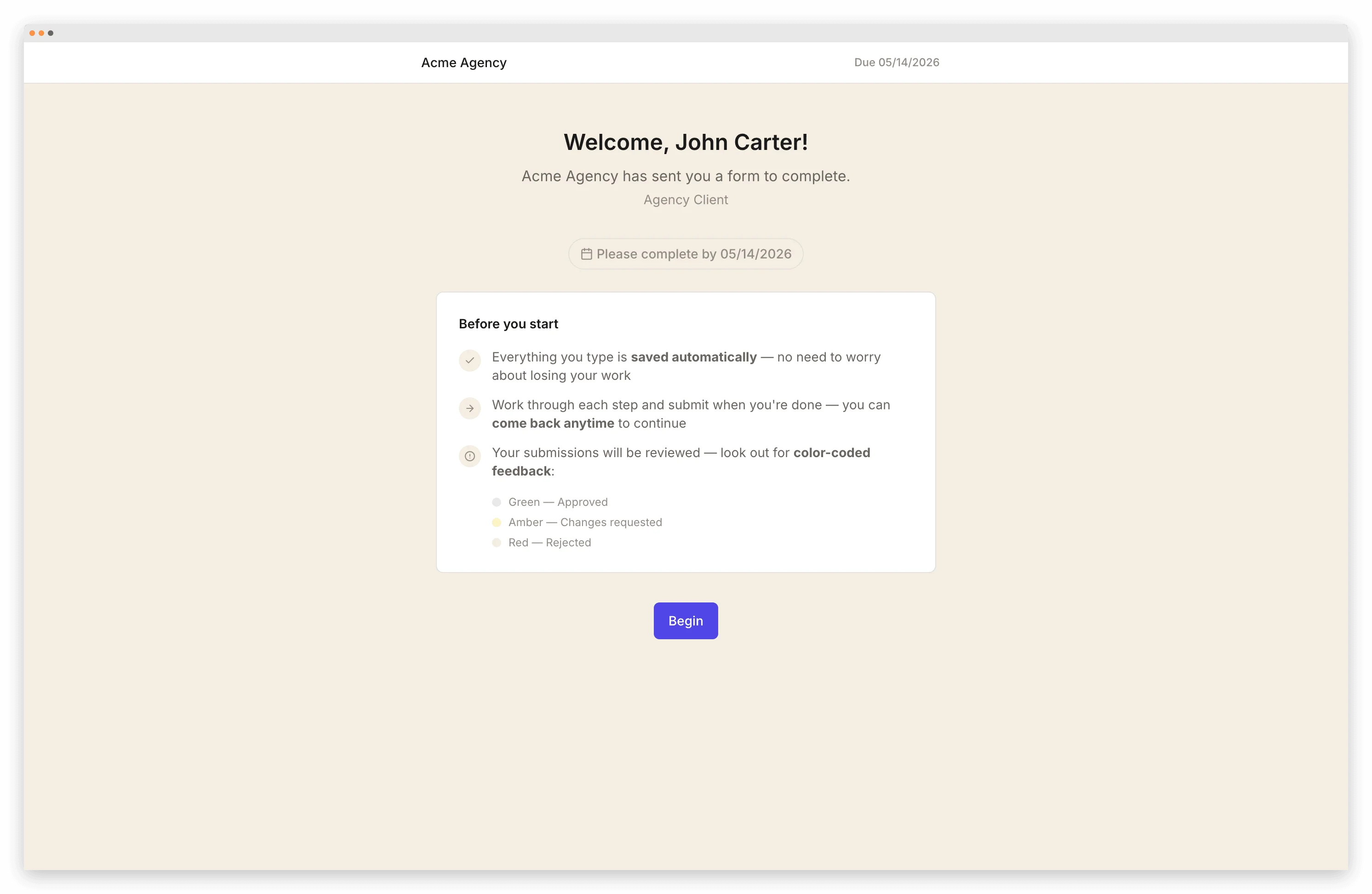 Portico client onboarding form — a clean, guided experience where clients complete forms, upload files, and sign documents in one flow