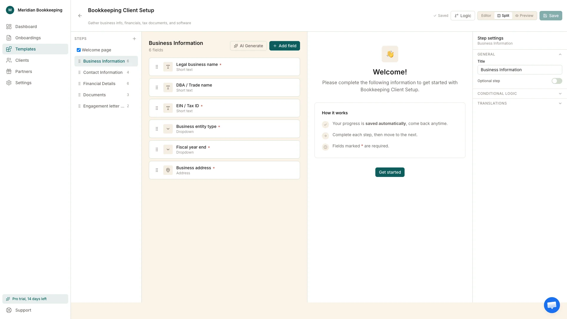 The template builder with reorderable steps on the left, form fields in the middle, and a live client preview with translations on the right