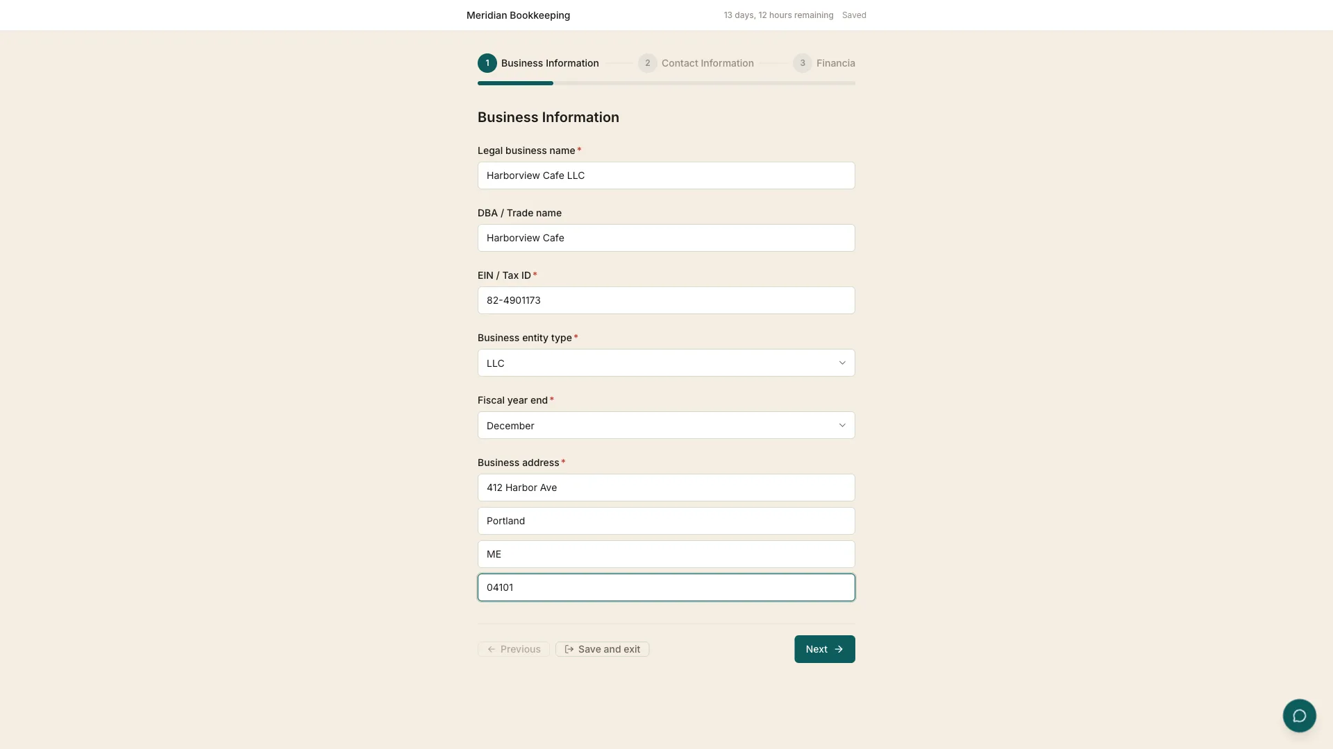 A client working through the business information step of an onboarding form, with a progress bar across the top and autosave in the corner