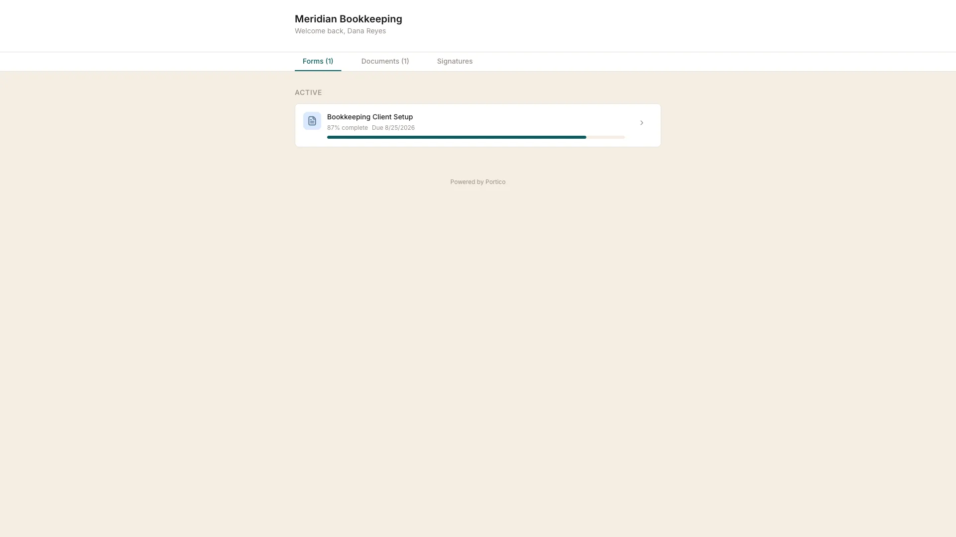 The client portal a client keeps after onboarding, with their forms, documents, and signatures behind one link