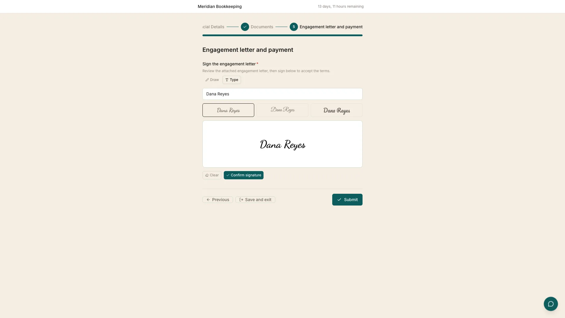 The engagement letter step where the client types or draws a signature and submits, inside the same onboarding flow