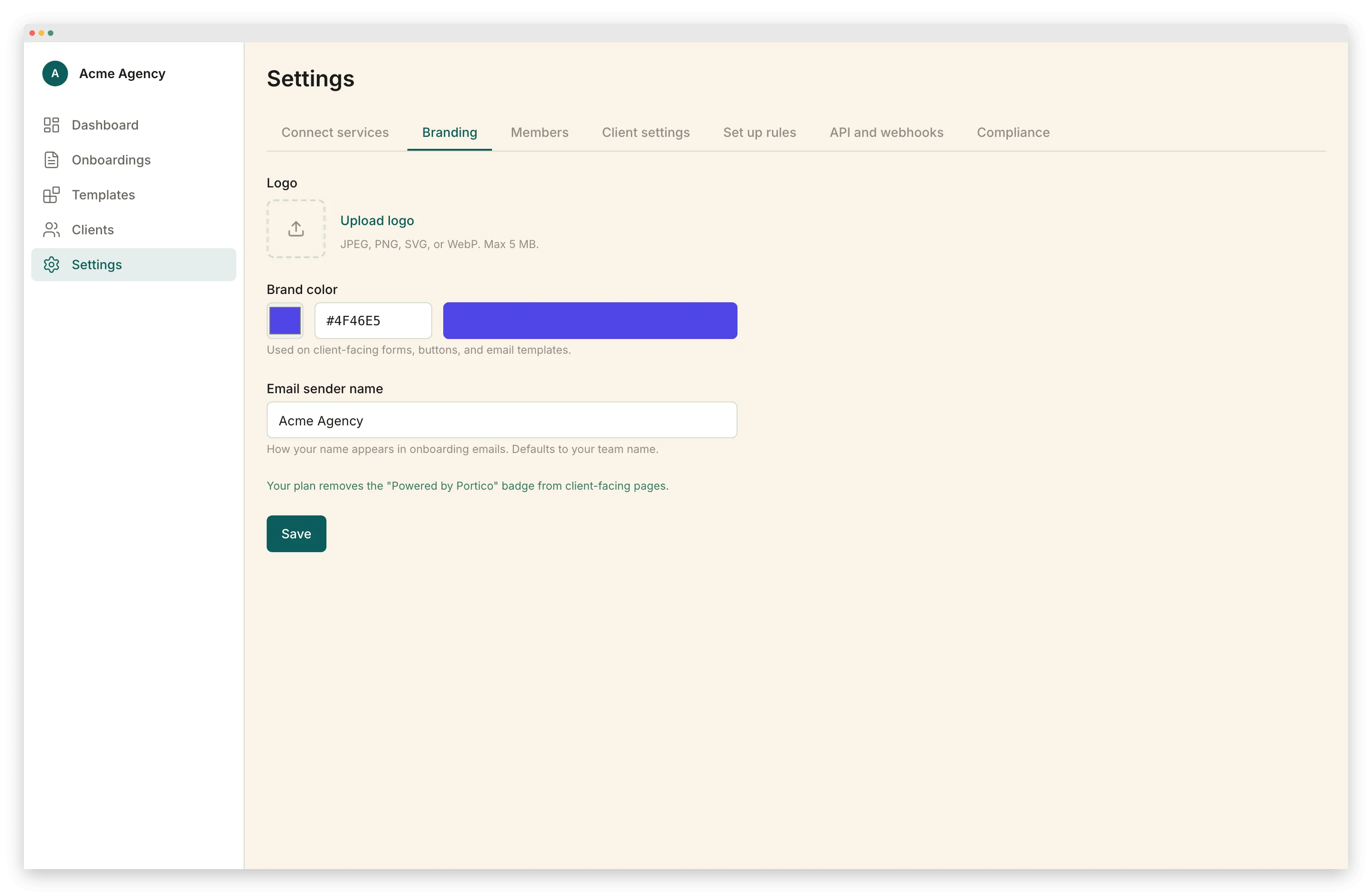 Portico branding settings with logo, brand colors, custom domain, and branded email templates — your identity on every touchpoint