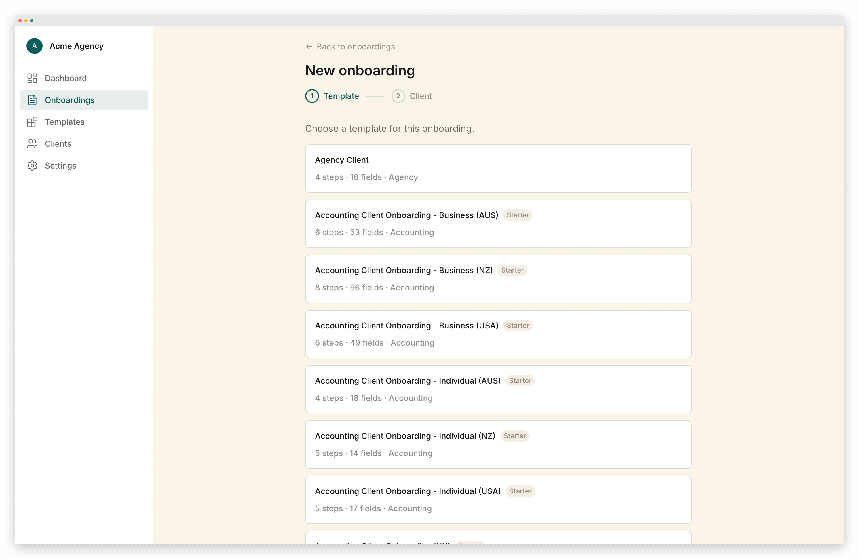 Portico new onboarding flow — pick a template, assign a client, and send in under a minute