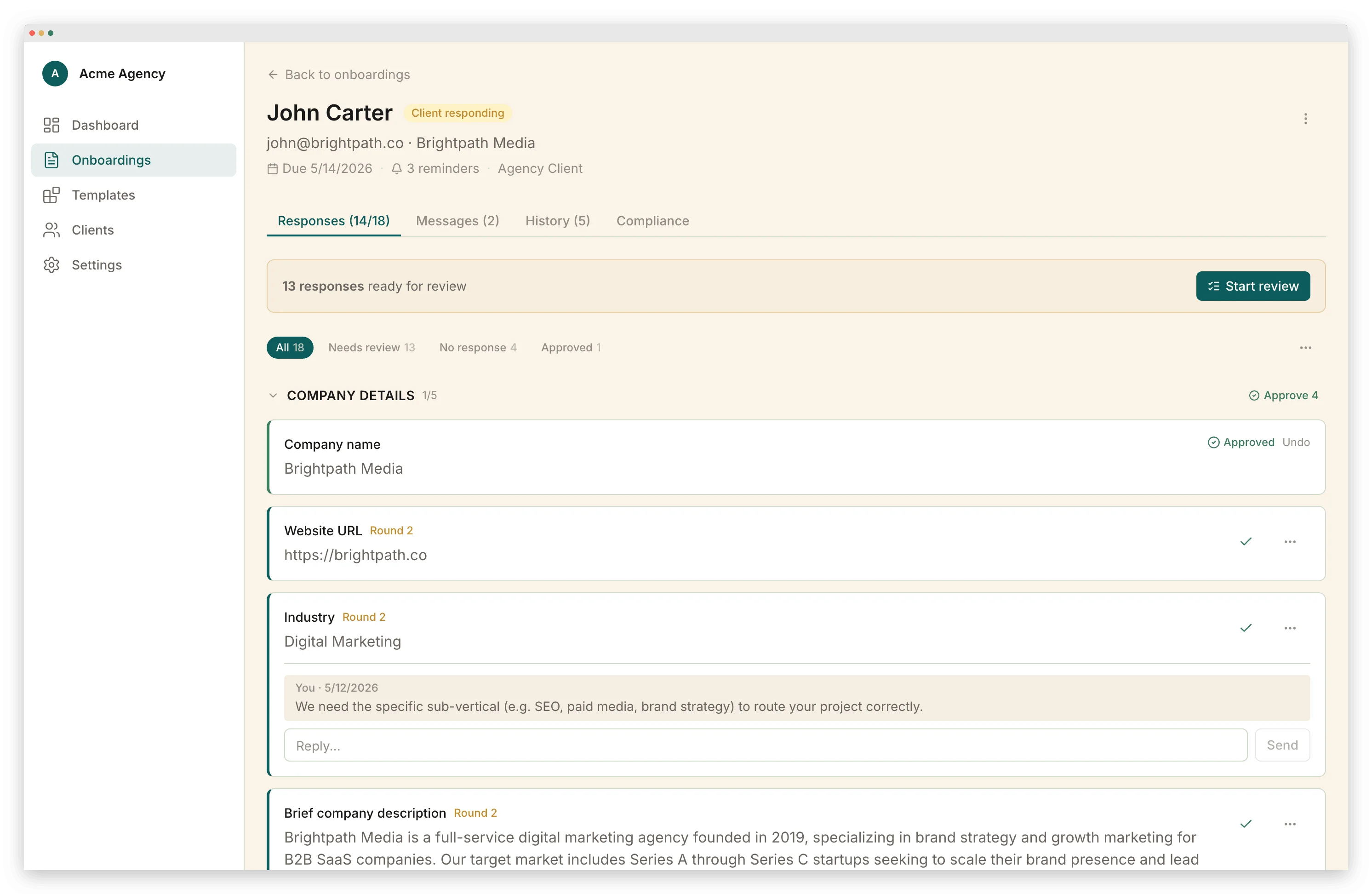 Portico onboarding detail showing automated step tracking, completion status, and item-specific reminders — automation built into every onboarding