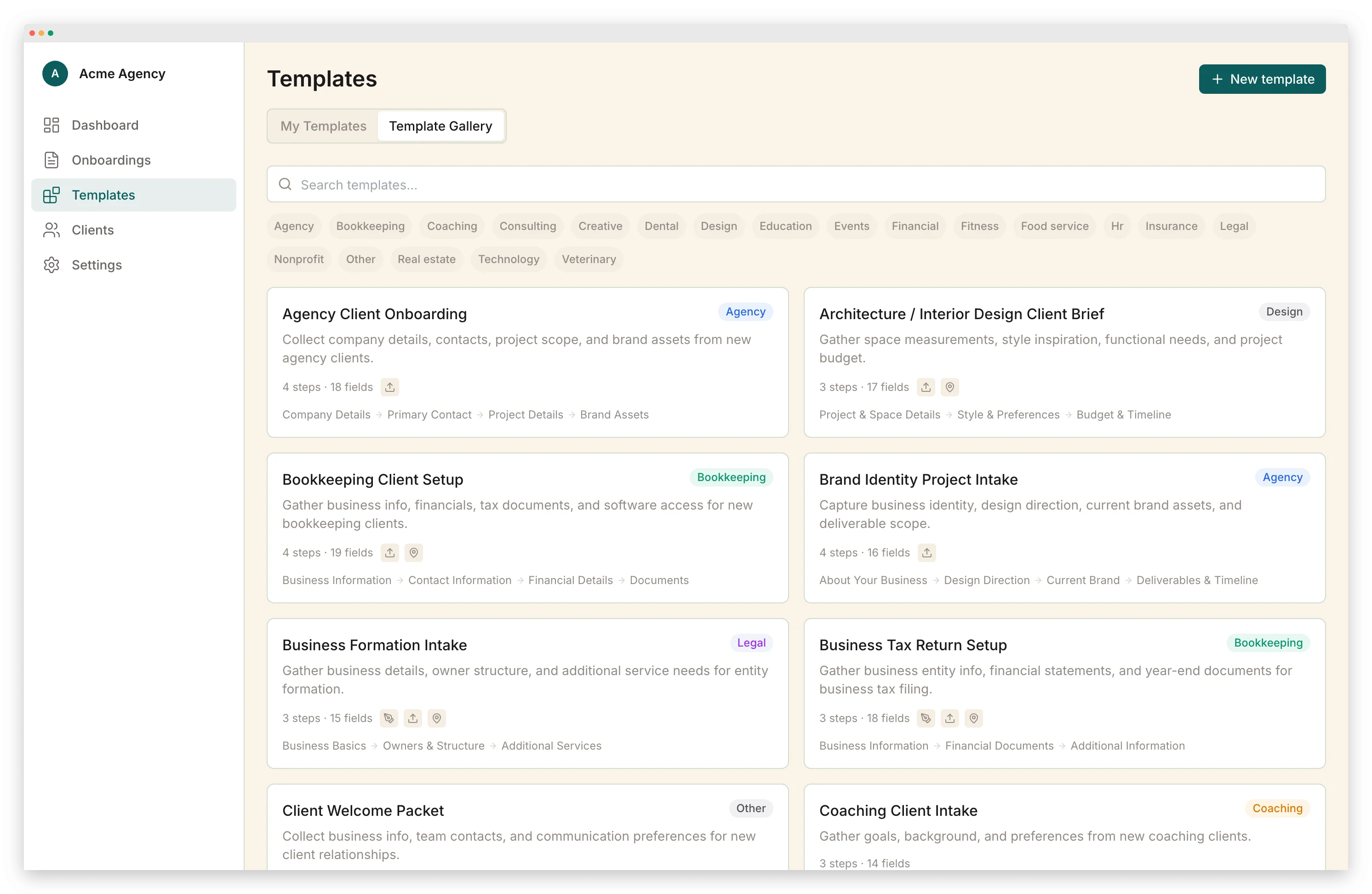 Portico template gallery with pre-built onboarding templates for different industries — conditional logic, multi-step forms, and e-signatures built in